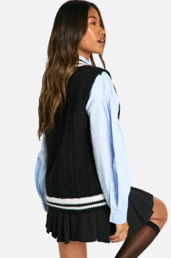 Knitted Tops*boohoo Cable Knitted Contrast Detail V Neck Vest black