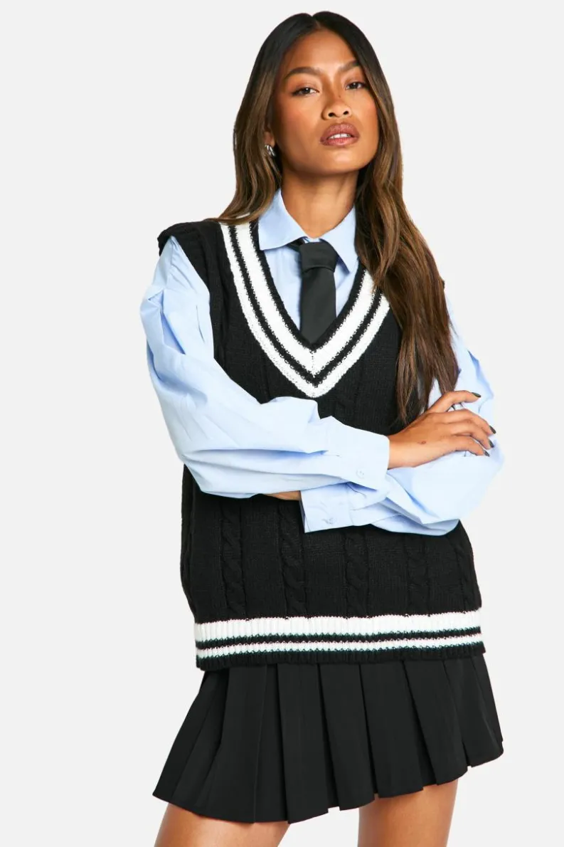 Knitted Tops*boohoo Cable Knitted Contrast Detail V Neck Vest black