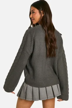 Cardigans*boohoo Cable Knitted V Neck Cardigan charcoal