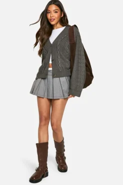 Cardigans*boohoo Cable Knitted V Neck Cardigan charcoal