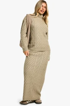 Knitted Co-Ords|Bottoms*boohoo Cable Roll Neck Jumper And Maxi Skirt Knitted Co-ord beige