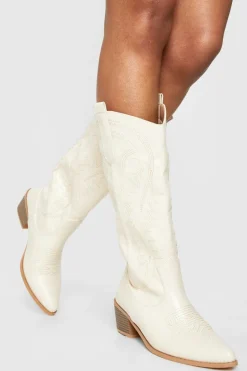 Calf High Boots|Cowboy Boots*boohoo Calf Detail Embroidered Western Cowboy Boots stone