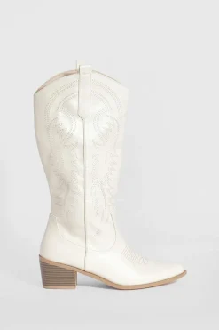 Calf High Boots|Cowboy Boots*boohoo Calf Detail Embroidered Western Cowboy Boots stone
