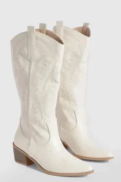 Calf High Boots|Cowboy Boots*boohoo Calf Detail Embroidered Western Cowboy Boots stone