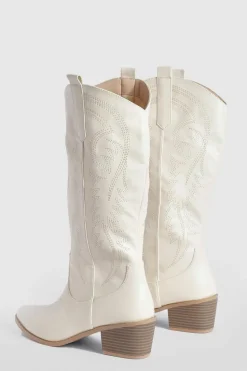 Calf High Boots|Cowboy Boots*boohoo Calf Detail Embroidered Western Cowboy Boots stone