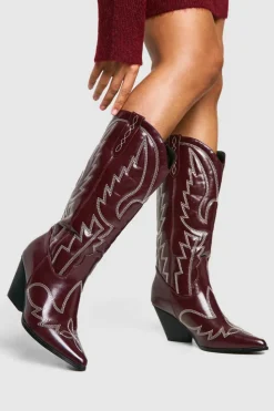 Cowboy Boots|All Boots*boohoo Calf Detail Embroidered Western Cowboy Boots cherry