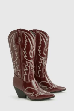 Cowboy Boots|All Boots*boohoo Calf Detail Embroidered Western Cowboy Boots cherry