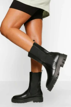 Calf High Boots|Chunky Boots*boohoo Calf High Chunky Sole Chelsea Boots black