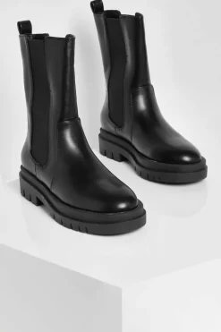 Calf High Boots|Chunky Boots*boohoo Calf High Chunky Sole Chelsea Boots black