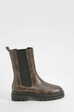 Calf High Boots|Chunky Boots*boohoo Calf High Chunky Sole Chelsea Boots brown