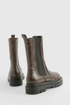 Calf High Boots|Chunky Boots*boohoo Calf High Chunky Sole Chelsea Boots brown