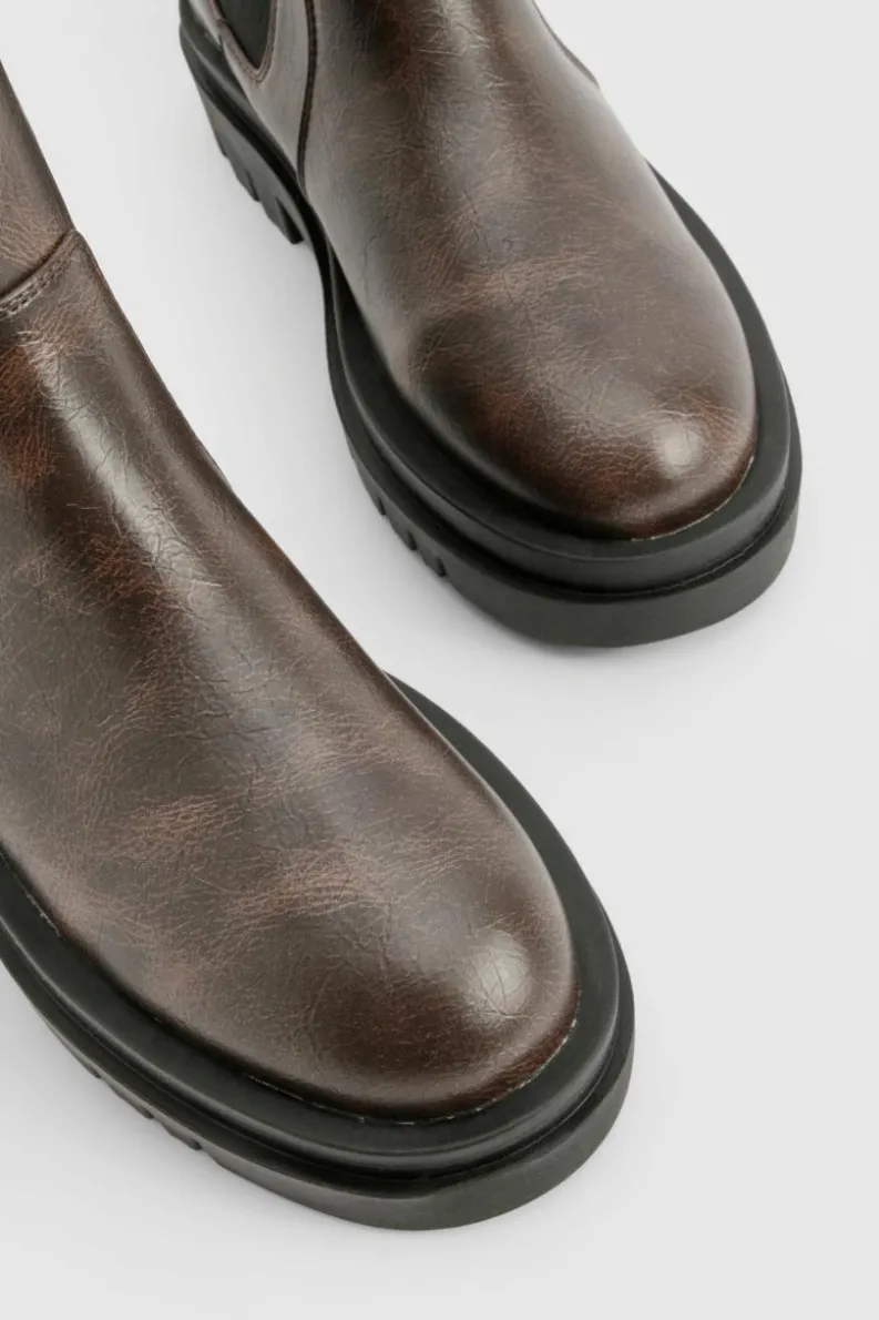 Calf High Boots|Chunky Boots*boohoo Calf High Chunky Sole Chelsea Boots brown