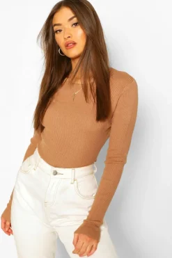 Knitted Tops|Long Sleeve Tops*boohoo Rib Knit Crew Neck Long Sleeve Top camel