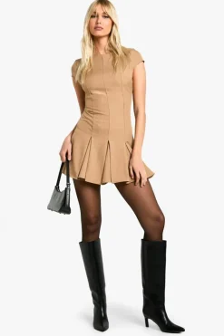 Skater Dresses|Suits & Tailoring*boohoo Cap Sleeve Box Pleat Mini Dress mocha