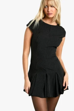 Skater Dresses|Mini Dresses*boohoo Cap Sleeve Pinstripe Box Pleat Mini Dress black