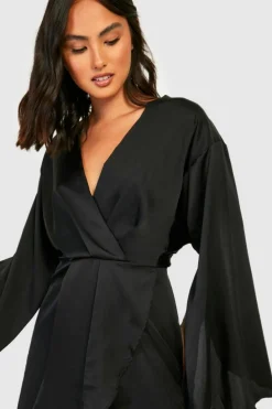 Wrap Dresses*boohoo Cape Sleeve Satin Wrap Dress black