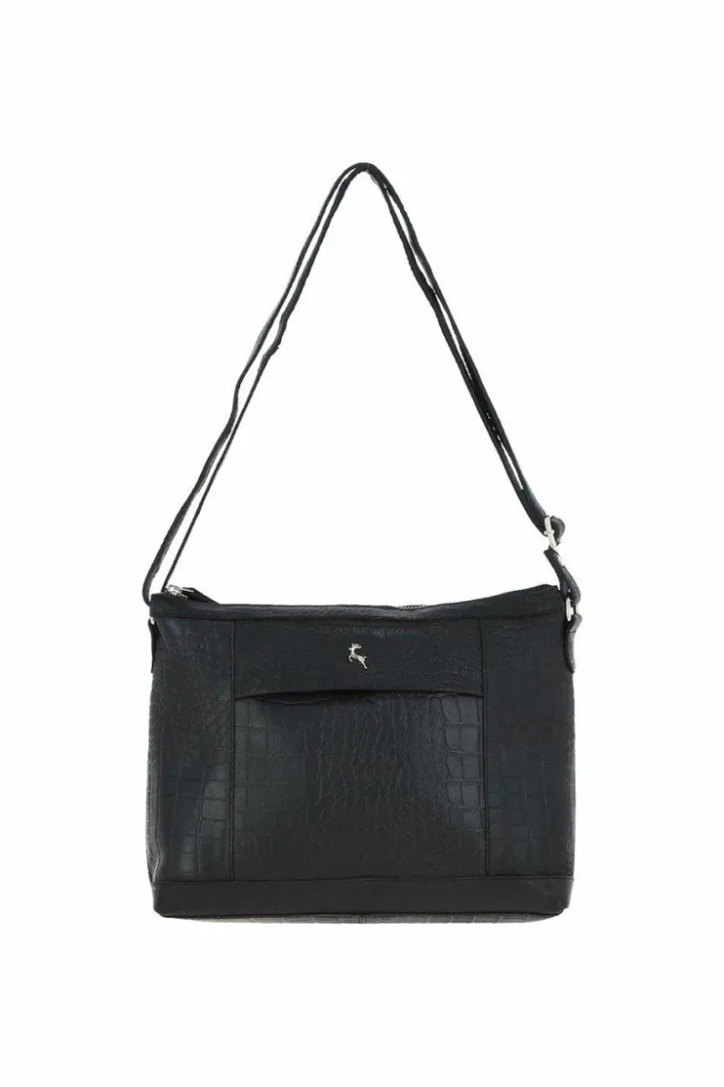 Shoulder Bags*Ashwood Leather Carlotta' Croc Print Real Leather Shoulder Bag Black