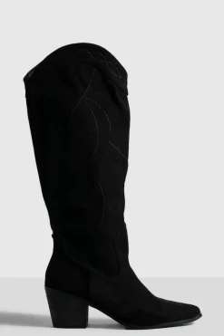 Knee High Boots|Cowboy Boots*boohoo Casual Faux Suede Knee High Western Cowboy Boots black