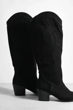 Knee High Boots|Cowboy Boots*boohoo Casual Faux Suede Knee High Western Cowboy Boots black