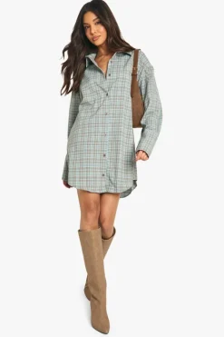 Shirt Dresses*boohoo Check Cinched Waist Shirt Dress green