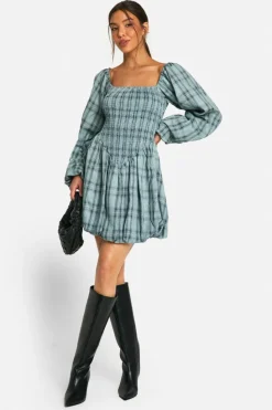 Smock Dresses*boohoo Check Shirred Long Sleeve Puff Sleeve Mini Dress blue