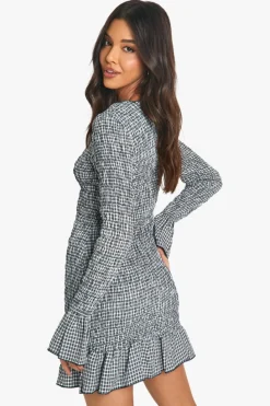 Bodycon Dresses|Mini Dresses*boohoo Check Shirred Long Sleeve Mini Dress black