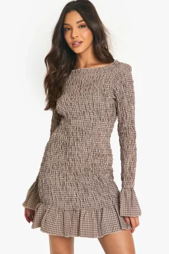 Bodycon Dresses*boohoo Check Shirred Long Sleeve Mini Dress brown