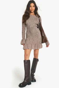 Bodycon Dresses*boohoo Check Shirred Long Sleeve Mini Dress brown
