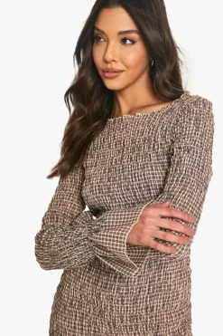 Bodycon Dresses*boohoo Check Shirred Long Sleeve Mini Dress brown