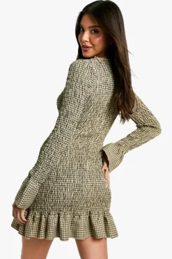 Bodycon Dresses|Mini Dresses*boohoo Check Shirred Long Sleeve Mini Dress khaki