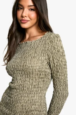 Bodycon Dresses|Mini Dresses*boohoo Check Shirred Long Sleeve Mini Dress khaki