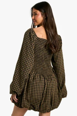 Smock Dresses|Mini Dresses*boohoo Check Shirred Long Sleeve Puff Sleeve Mini Dress brown
