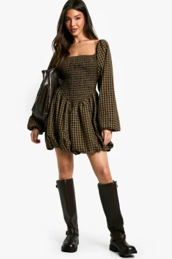 Smock Dresses|Mini Dresses*boohoo Check Shirred Long Sleeve Puff Sleeve Mini Dress brown