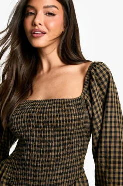 Smock Dresses|Mini Dresses*boohoo Check Shirred Long Sleeve Puff Sleeve Mini Dress brown