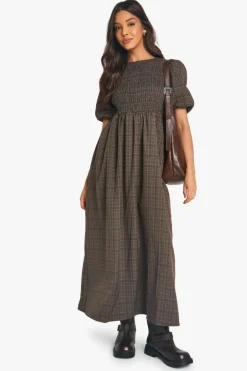 Smock Dresses*boohoo Check Shirred Puff Sleeve Midaxi Dress brown