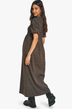 Smock Dresses*boohoo Check Shirred Puff Sleeve Midaxi Dress brown