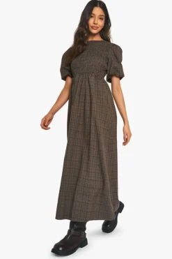 Smock Dresses*boohoo Check Shirred Puff Sleeve Midaxi Dress brown