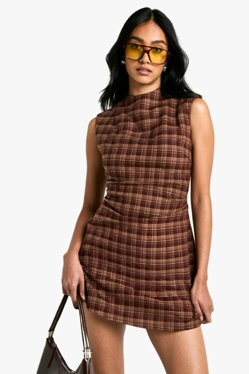 Mini Dresses|A Line Dresses*boohoo Check Tailored A-Line Mini Dress brown