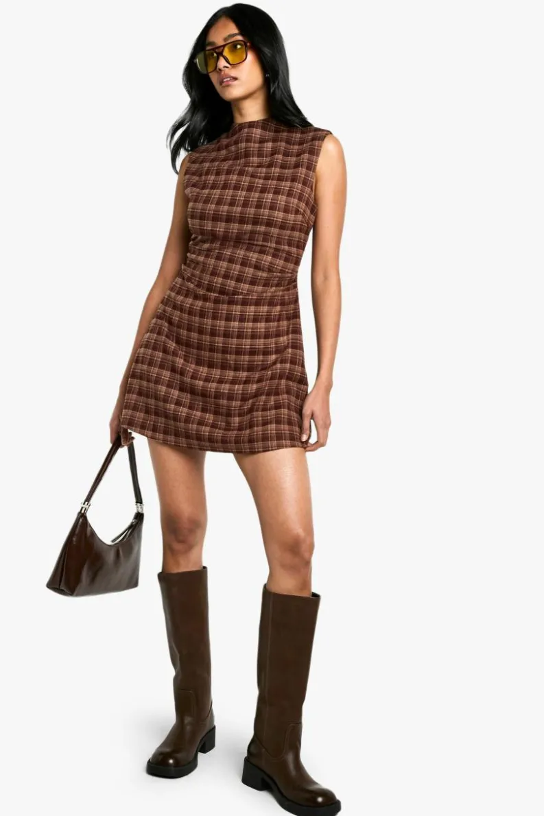Mini Dresses|A Line Dresses*boohoo Check Tailored A-Line Mini Dress brown