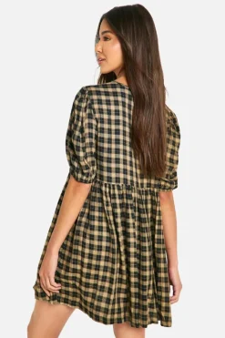 Smock Dresses*boohoo Check Tie Front Smock Dress brown