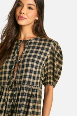 Smock Dresses*boohoo Check Tie Front Smock Dress brown