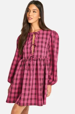 Smock Dresses*boohoo Check Tie Front Smock Dress pink