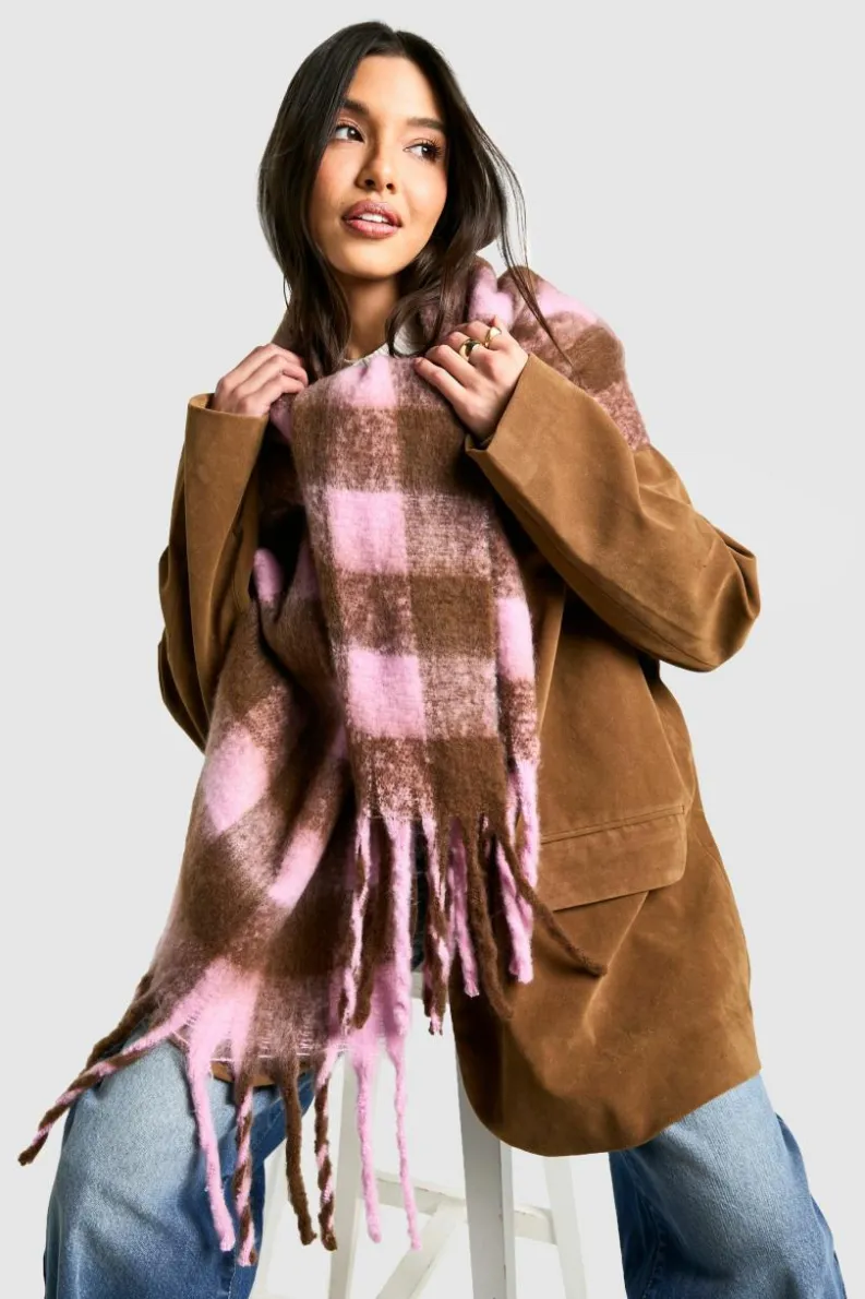 Hats & Gloves|Hats & Gloves*boohoo Checked Super Soft Tassel Scarf chocolate
