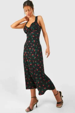 Cami Dresses*boohoo Cherry Print Satin Midaxi Dress black