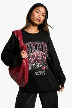 Sweatshirts|Hoodies & Sweatshirts*boohoo Cherry Slogan Oversized Sweatshirt black