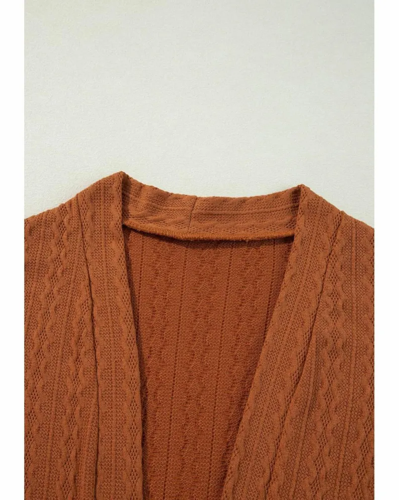 Cardigans*Azura Exchange Chestnut Textured Knit Side Pockets Open Front Cardigan Brown