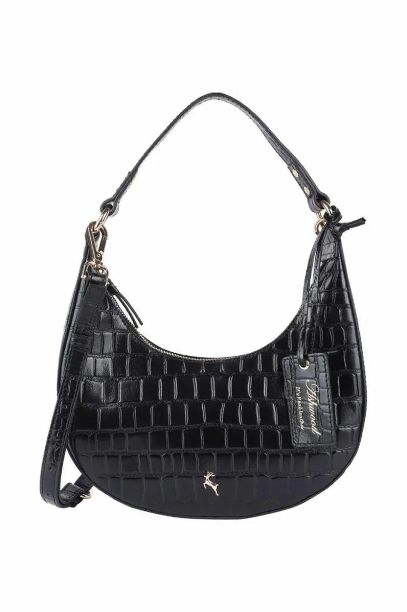 Shoulder Bags|Handbags*Ashwood Leather Chic' Croc Embossed Leather Medium Saddle Shoulder Bag Black