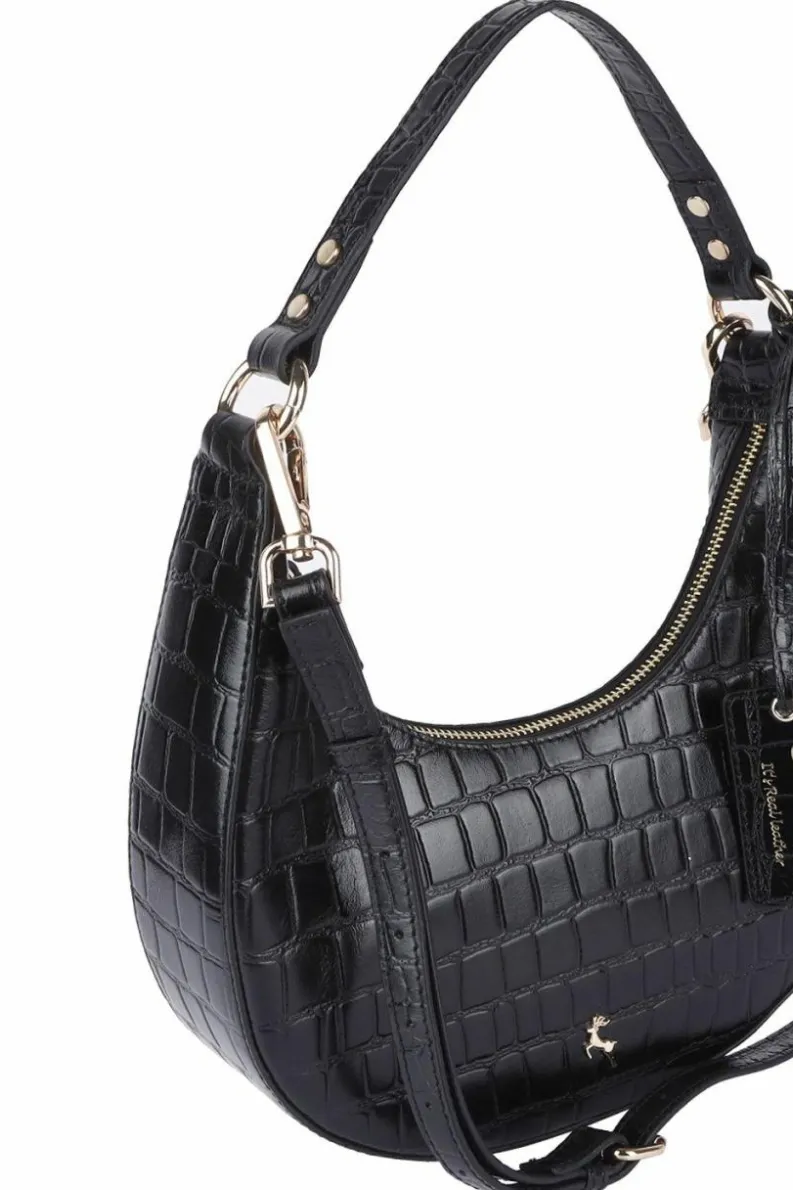Shoulder Bags|Handbags*Ashwood Leather Chic' Croc Embossed Leather Medium Saddle Shoulder Bag Black
