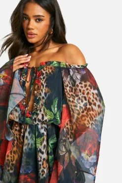 Smock Dresses*boohoo Chiffon Animal Floral Bardot Flare Mini Dress black