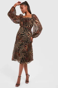 Midi Dresses*boohoo Chiffon Animal Print Rouched Midi Dress brown
